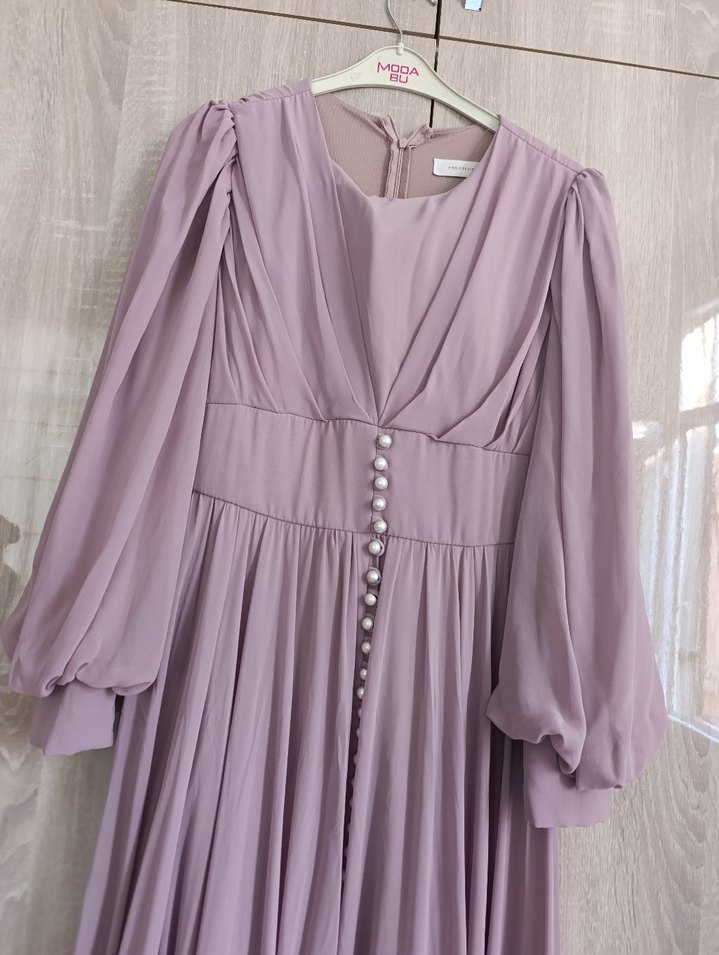 Uzun Mor Drapeli Kadın Abiye Elbise - Görsel 2