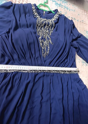 Uzun Lacivert İşlemeli Kadın Abiye Elbise - Görsel 8