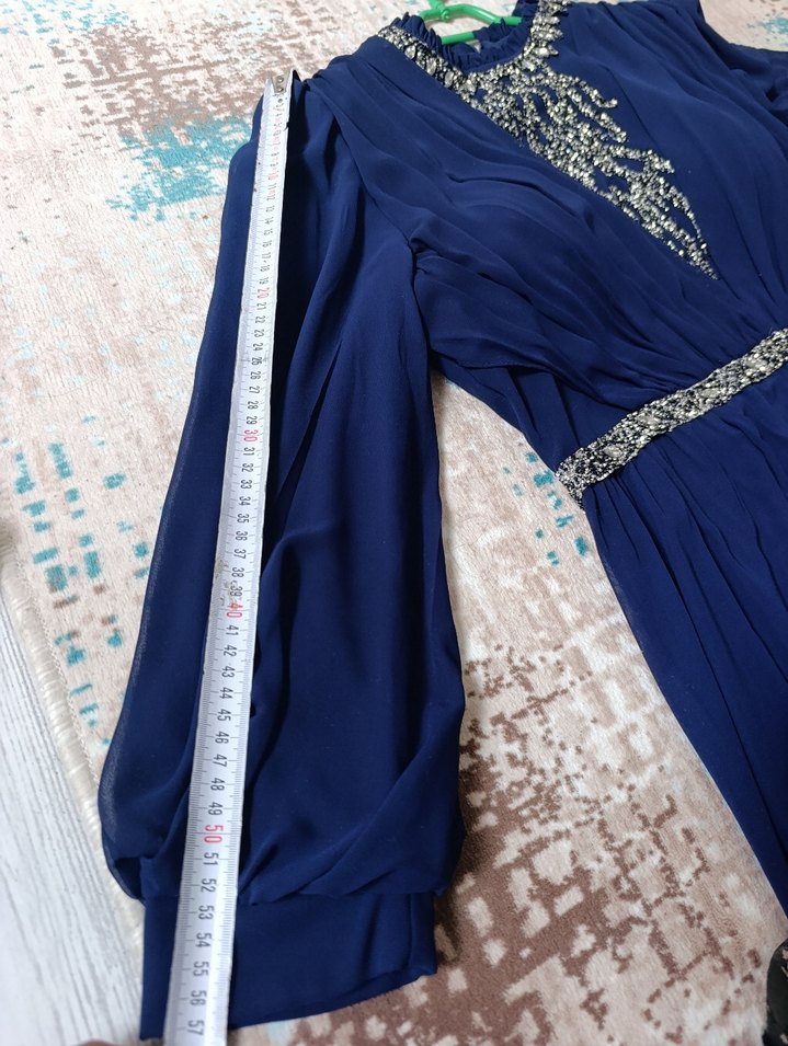 Uzun Lacivert İşlemeli Kadın Abiye Elbise - Görsel 5