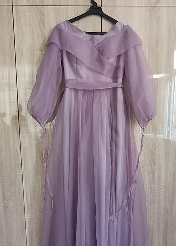 Uzun Mor Drapeli Kadın Abiye Elbise - Görsel 3