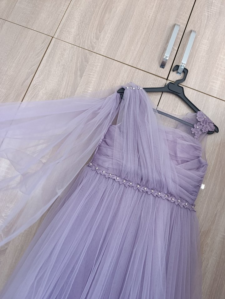 Mor Drapeli Straplez Kız Çocuk Abiye Elbise - Görsel 4