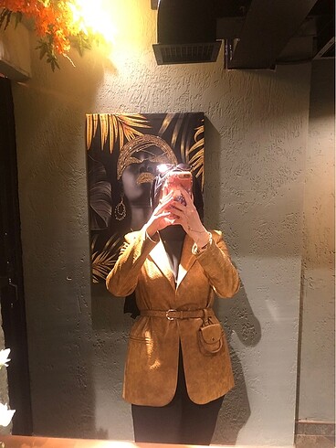 Hardal sarısı deri blazer