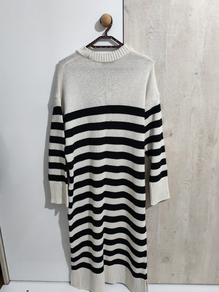 Uzun Kollu Çizgili Örgü Kadın Triko Elbise - Görsel 2