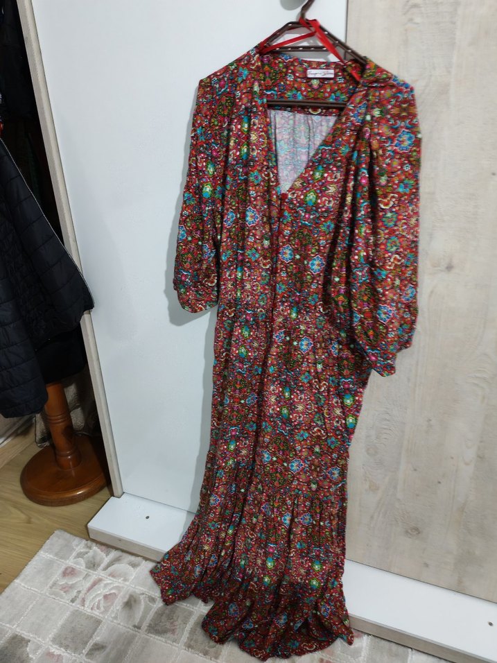 Desenli Bohem Uzun Kollu Elbise - Görsel 3