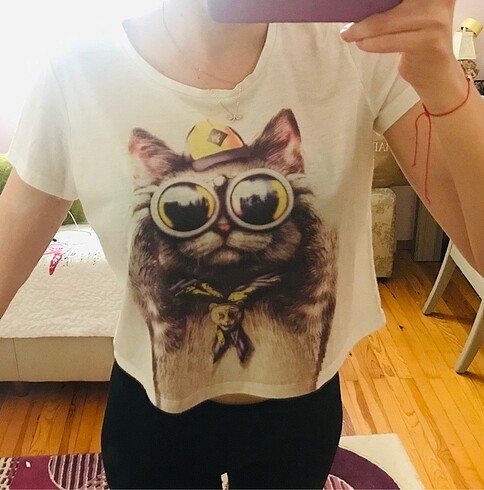 Kedi baskılı koton marka crop T-shirt