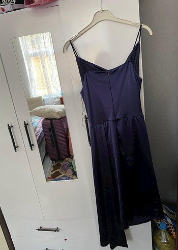 Lacivert Drapeli Askılı kısa elbise kuyruklu  Abiye Elbise - Görsel 5