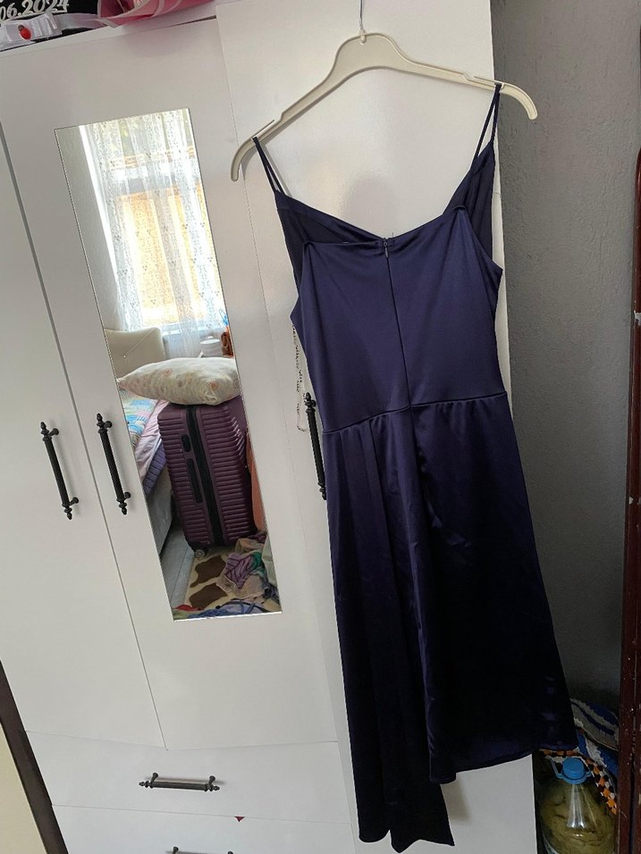 Lacivert Drapeli Askılı kısa elbise kuyruklu  Abiye Elbise - Görsel 5