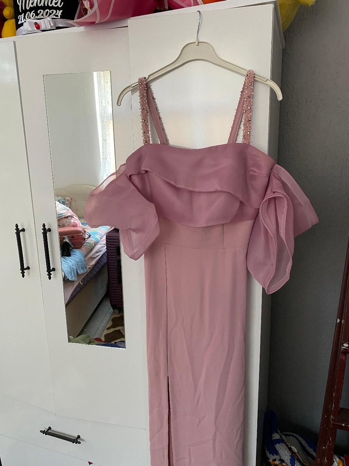 Pudra Pembe Drapeli Kol detaylı Uzun Abiye Elbise - Görsel 3