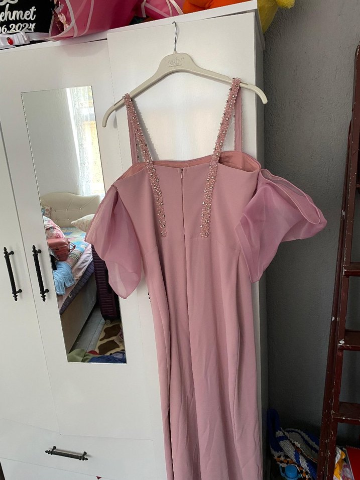 Pudra Pembe Drapeli Kol detaylı Uzun Abiye Elbise - Görsel 4