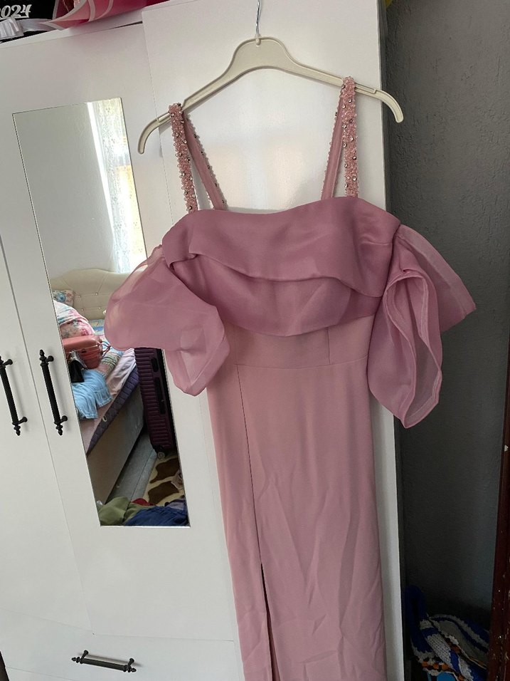 Pudra Pembe Drapeli Kol detaylı Uzun Abiye Elbise - Görsel 2