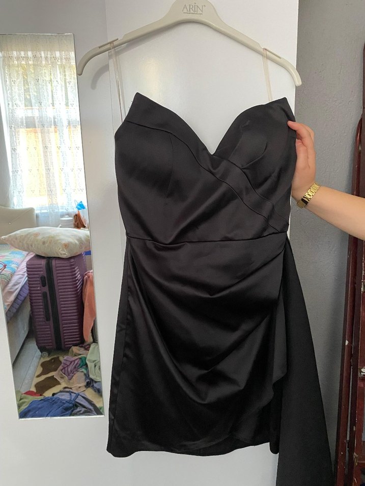 Siyah Drapeli Mini Straplez Elbise - Görsel 2