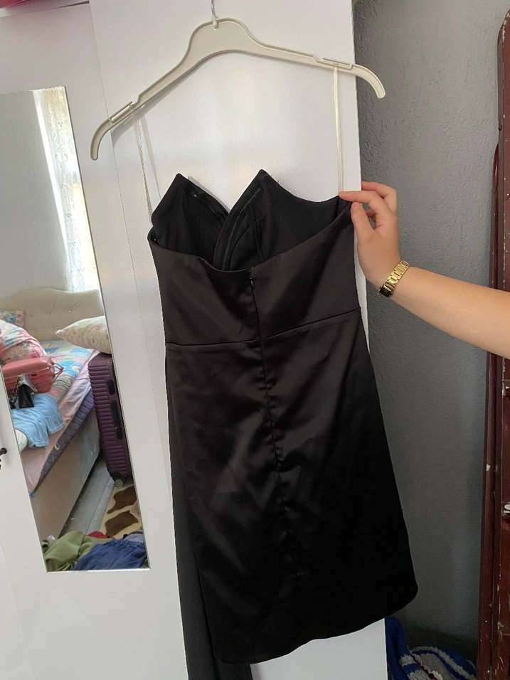 Siyah Drapeli Mini Straplez Elbise - Görsel 4