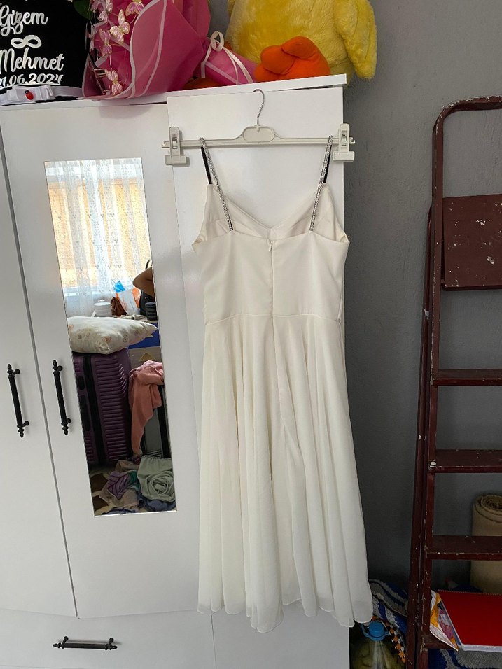 midi beyaz dokumlu elbise - Görsel 4