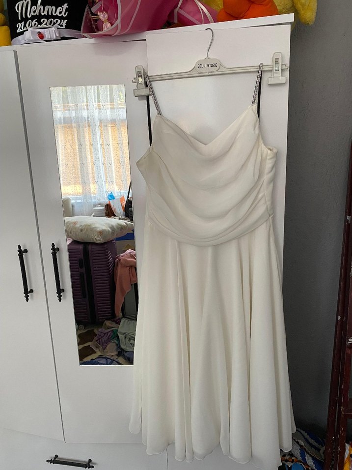 midi beyaz dokumlu elbise - Görsel 2