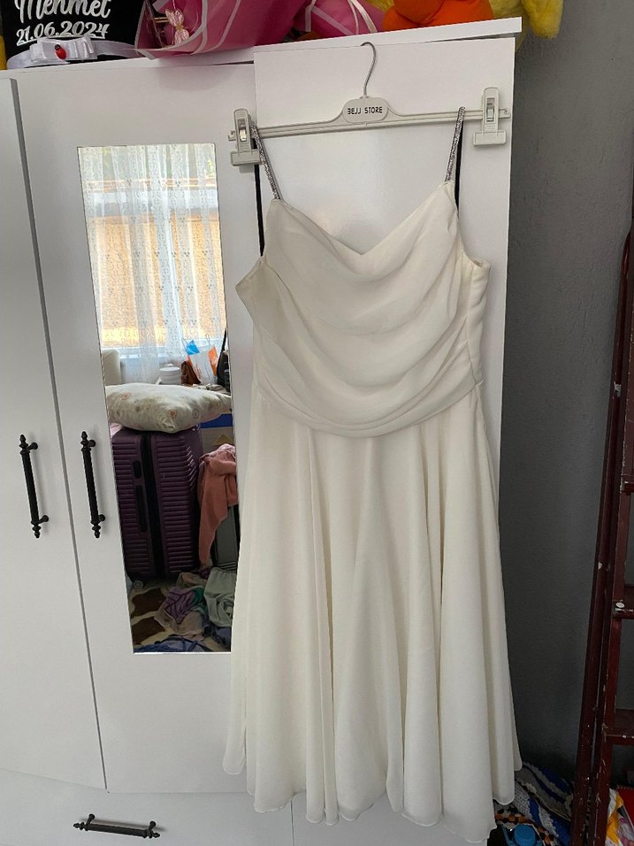 midi beyaz dokumlu elbise - Görsel 3