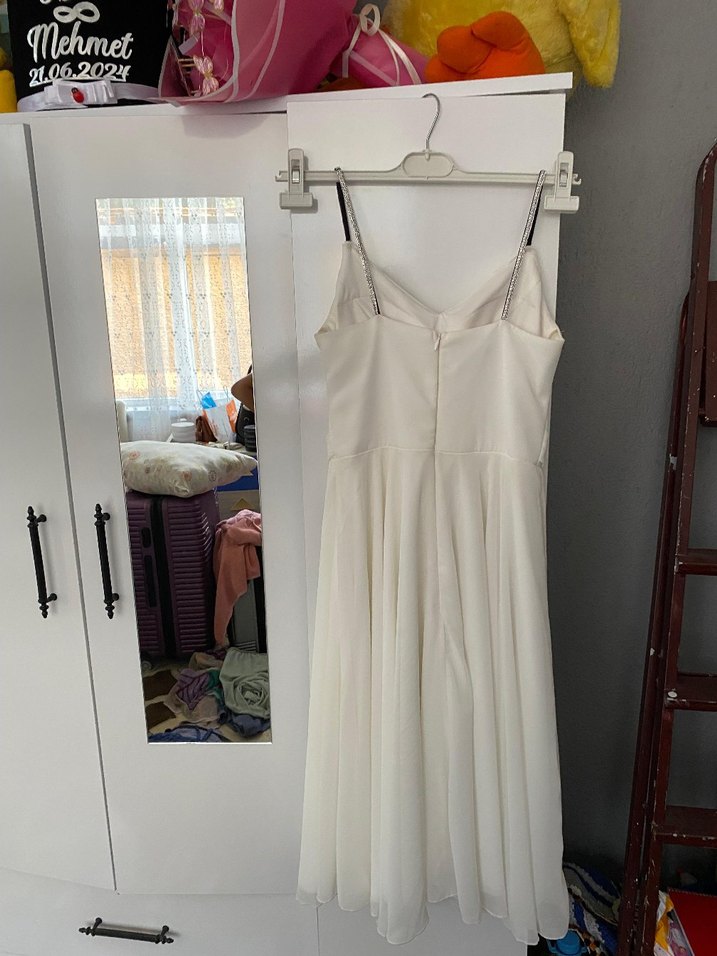 midi beyaz dokumlu elbise - Görsel 5