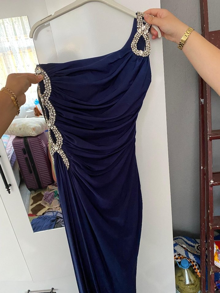 Parlak Lacivert Drapeli Uzun Abiye Elbise - Görsel 3