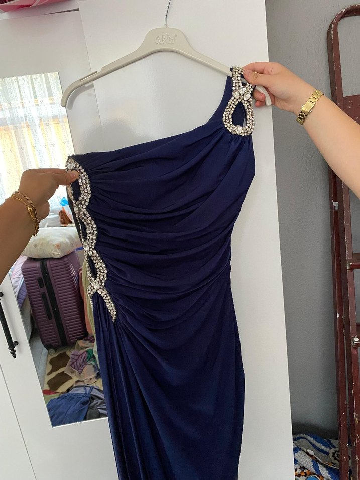 Parlak Lacivert Drapeli Uzun Abiye Elbise - Görsel 2