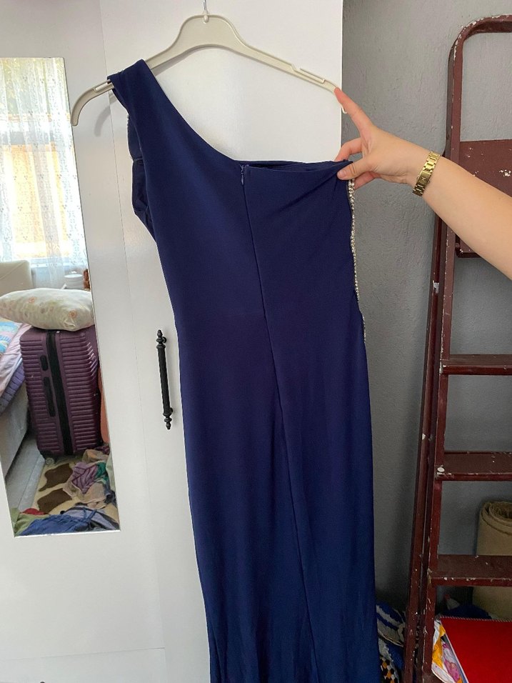 Parlak Lacivert Drapeli Uzun Abiye Elbise - Görsel 4