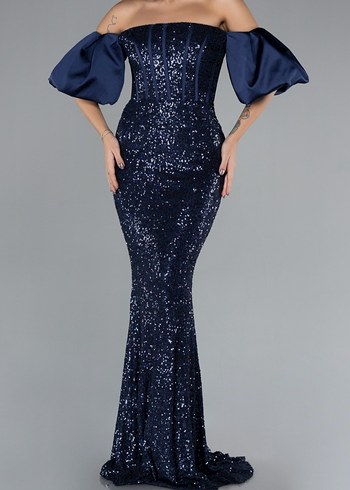 koyu lacivert Drapeli Uzun Abiye Elbise - Görsel 6