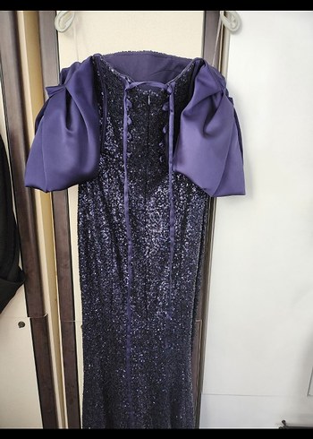 koyu lacivert Drapeli Uzun Abiye Elbise - Görsel 5