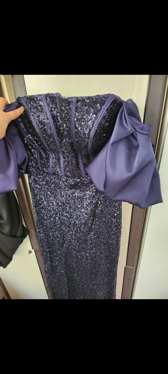 koyu lacivert Drapeli Uzun Abiye Elbise - Görsel 3