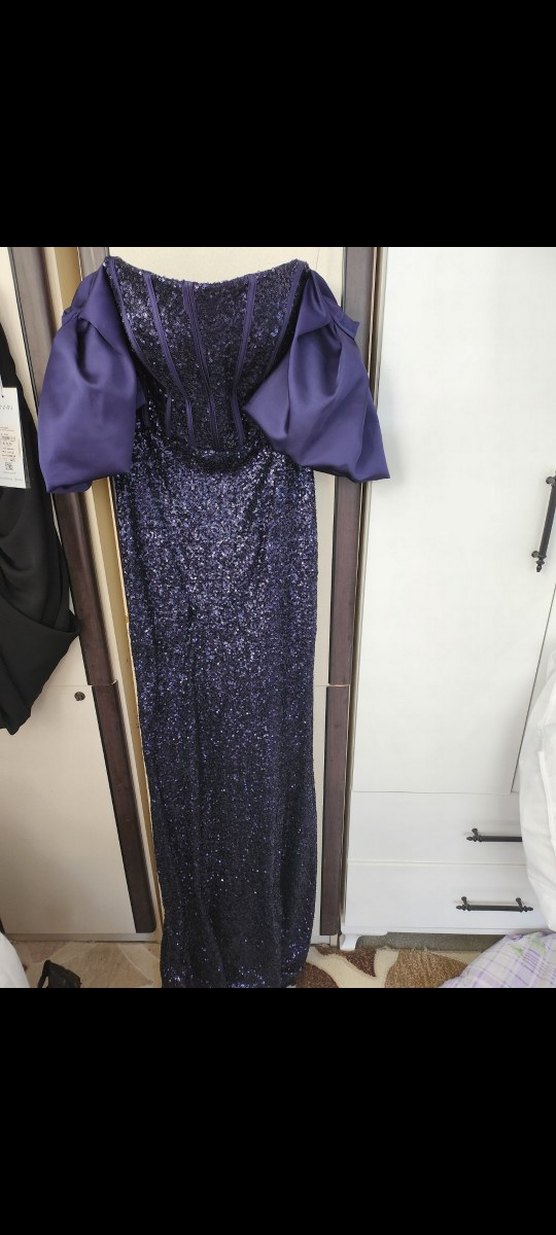 koyu lacivert Drapeli Uzun Abiye Elbise - Görsel 4