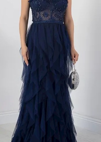 Straplez Lacivert Uzun Nakışlı Abiye Elbise - Görsel 10