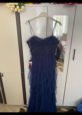 Straplez Lacivert Uzun Nakışlı Abiye Elbise - Görsel 9