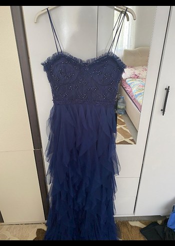 Straplez Lacivert Uzun Nakışlı Abiye Elbise - Görsel 8