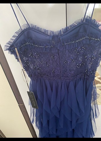 Straplez Lacivert Uzun Nakışlı Abiye Elbise - Görsel 6