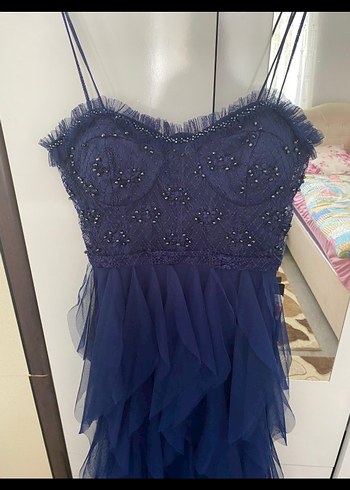 Straplez Lacivert Uzun Nakışlı Abiye Elbise - Görsel 5