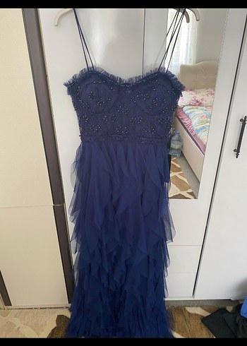 Straplez Lacivert Uzun Nakışlı Abiye Elbise - Görsel 7