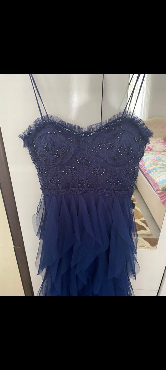 Straplez Lacivert Uzun Nakışlı Abiye Elbise - Görsel 5