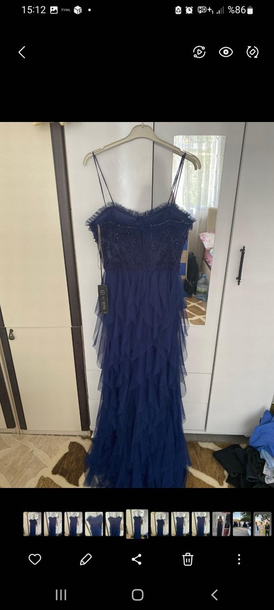 Straplez Lacivert Uzun Nakışlı Abiye Elbise - Görsel 4