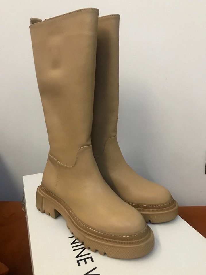 Bej Deri Dizüstü İnce Topuklu Kadın Çizme - Görsel 2