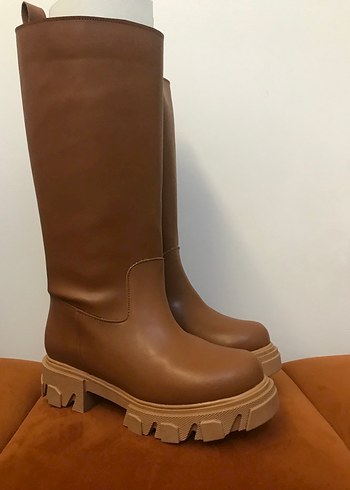 Kadın Kahverengi Deri Dizüstü Platform Çizme - Görsel 3