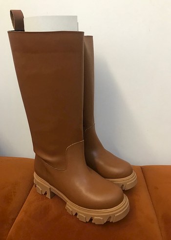Kadın Kahverengi Deri Dizüstü Platform Çizme - Görsel 2