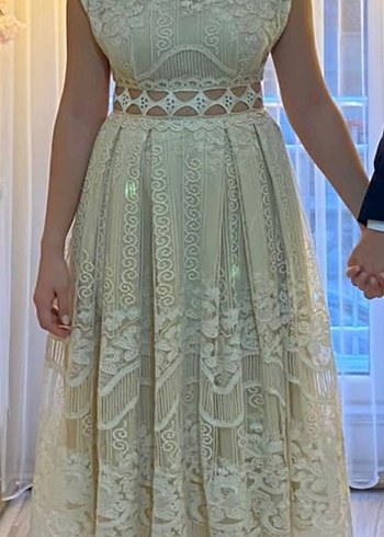 Bej Dantel İşlemeli Bohem Uzun Abiye Elbise - Görsel 2