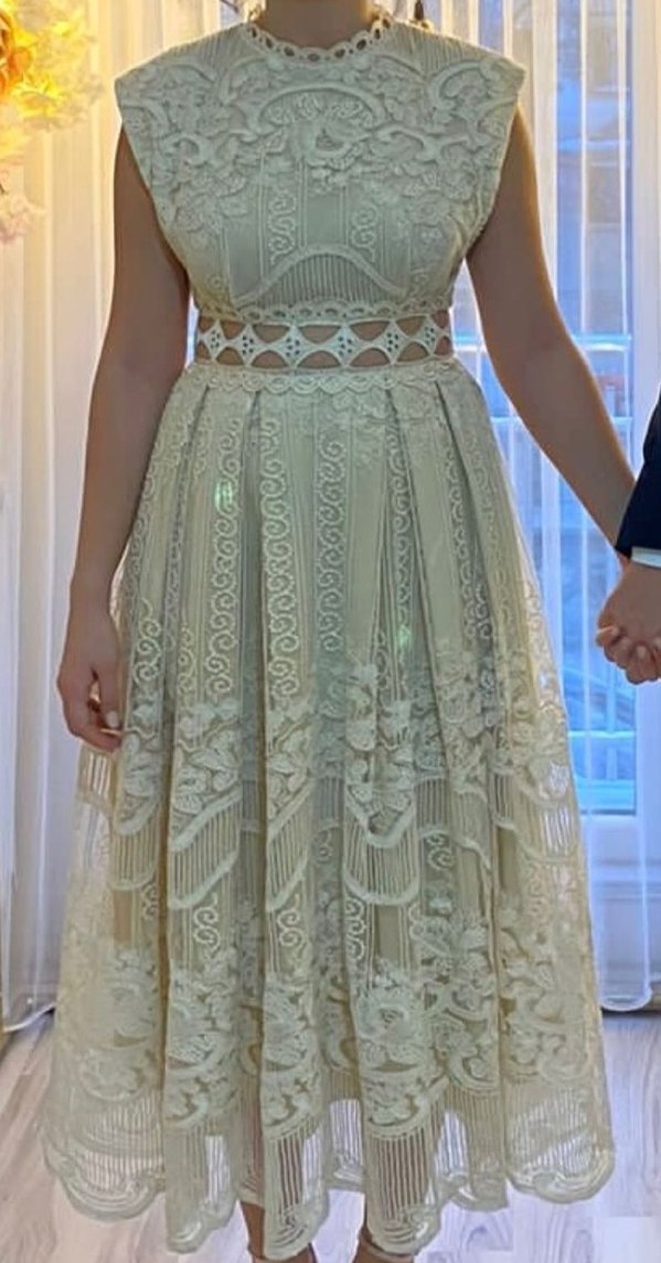 Bej Dantel İşlemeli Bohem Uzun Abiye Elbise - Görsel 2