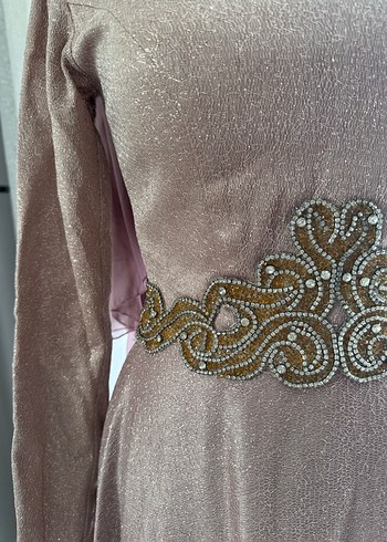 Gül kurusu pembe Uzun Kollu Drapeli Abiye Elbise - Görsel 3