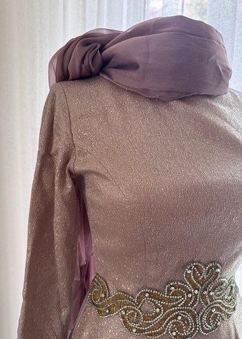 Gül kurusu pembe Uzun Kollu Drapeli Abiye Elbise - Görsel 2