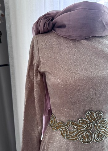 Gül kurusu pembe Uzun Kollu Drapeli Abiye Elbise - Görsel 4