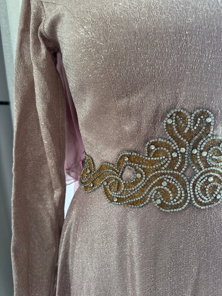 Gül kurusu pembe Uzun Kollu Drapeli Abiye Elbise - Görsel 3