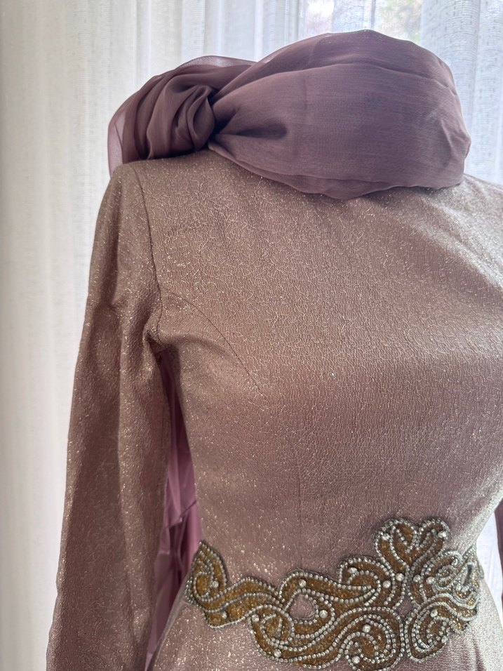 Gül kurusu pembe Uzun Kollu Drapeli Abiye Elbise - Görsel 2