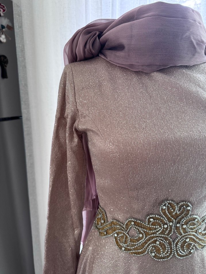 Gül kurusu pembe Uzun Kollu Drapeli Abiye Elbise - Görsel 4