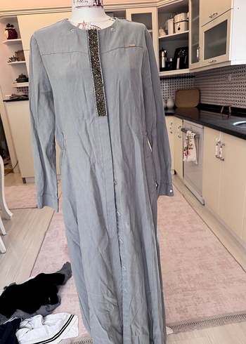 Uzun Gri Düğmeli Keten Kabanı pardesü - Görsel 2