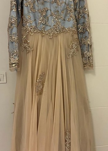 bej Nakışlı Uzun Kollu Vintage Nişan Elbisesi