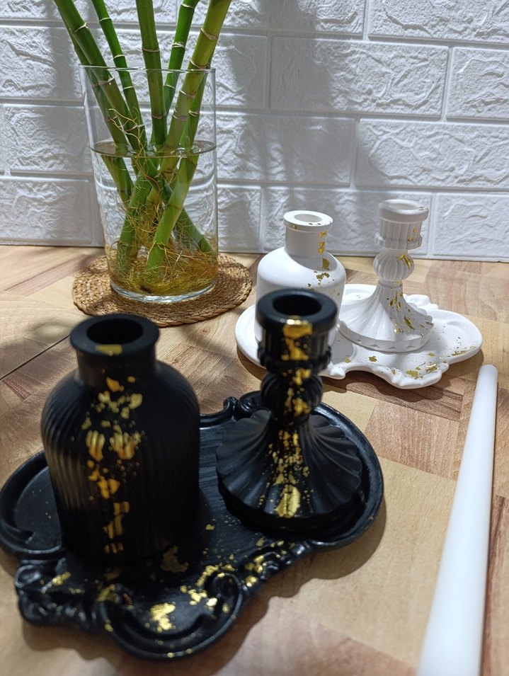 Siyah ve Altın Desenli Mumluk Seti - Görsel 2