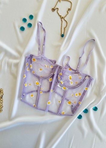 Mor Nakışlı Dantel Bohem Mini Büstiyer - Görsel 5